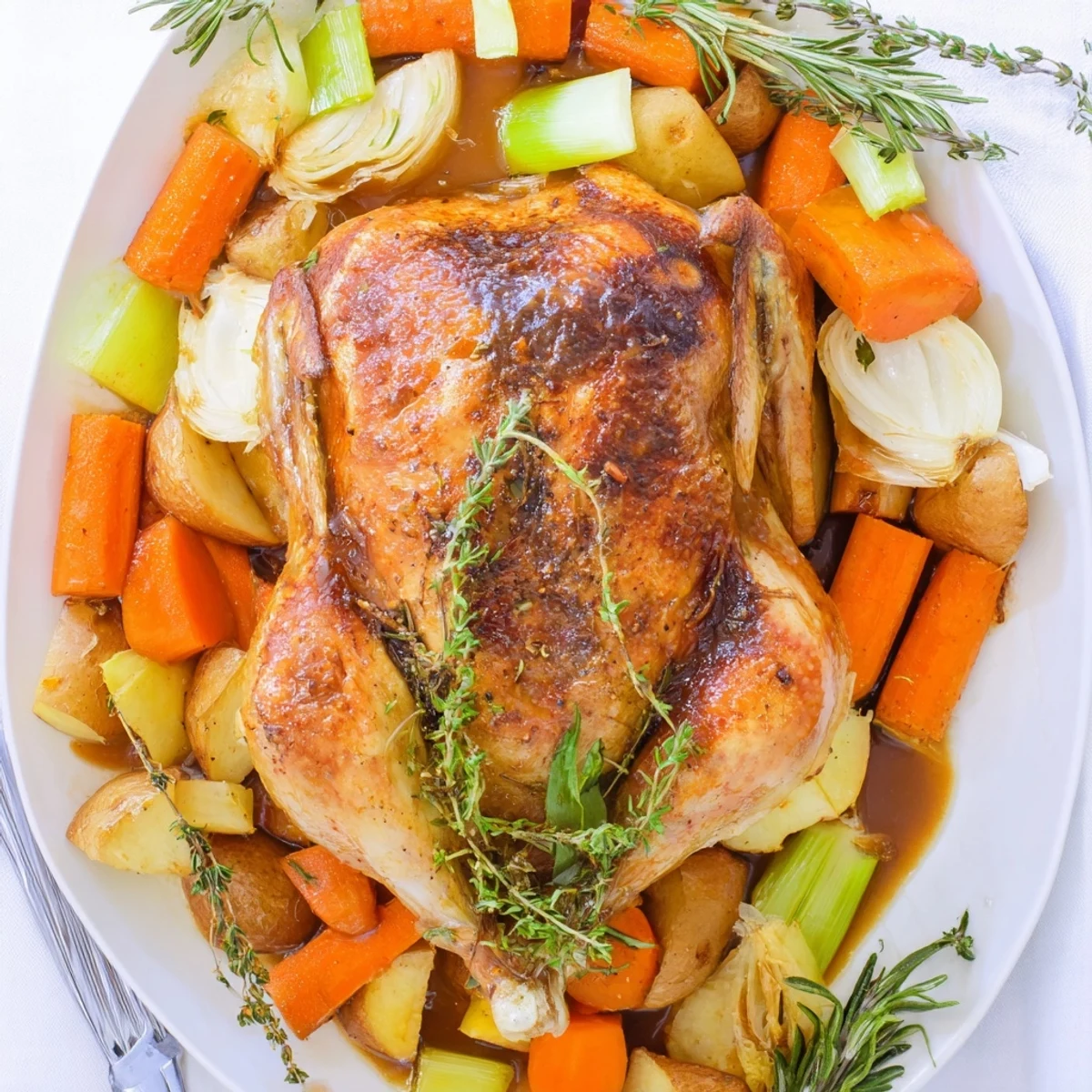 Comforting crockpot chicken pot roast featuring moist chicken with root vegetables in a flavorful dark gravy
