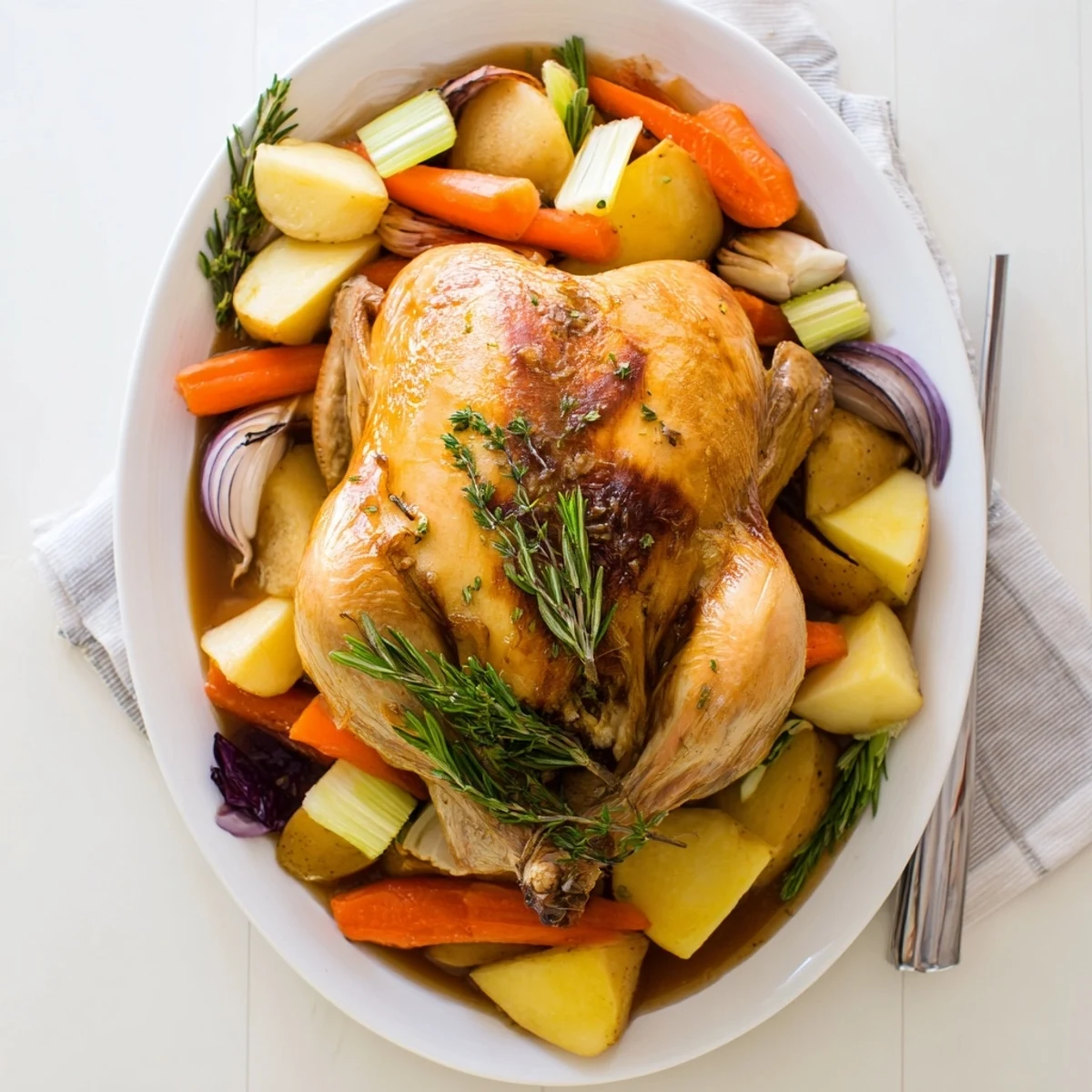 Slow-cooked crockpot chicken pot roast with savory vegetables and aromatic herbs ready for family dinner