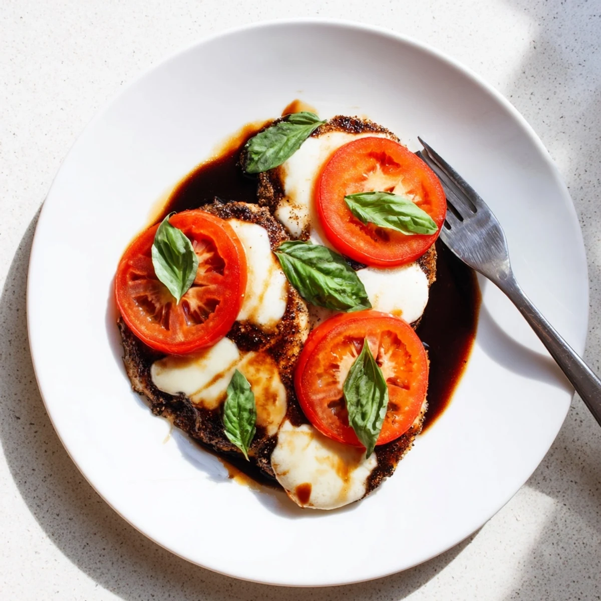 Golden brown balsamic baked chicken breast topped with melted mozzarella and fresh basil leaves