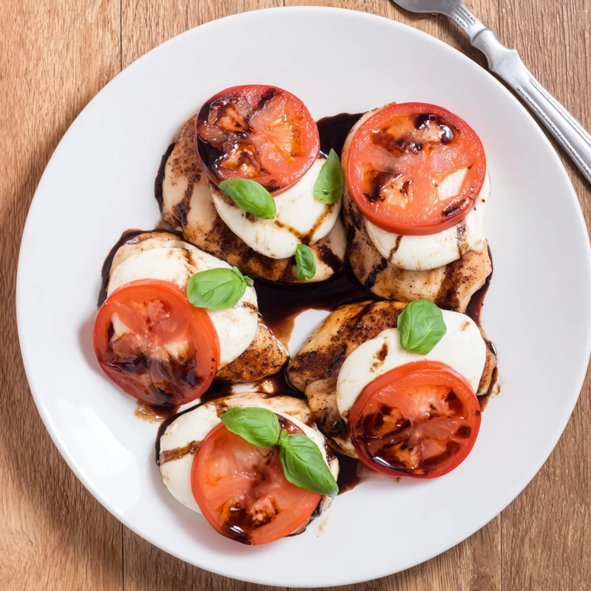 Italian style chicken breast with tomato slices and melted mozzarella in sweet balsamic sauce