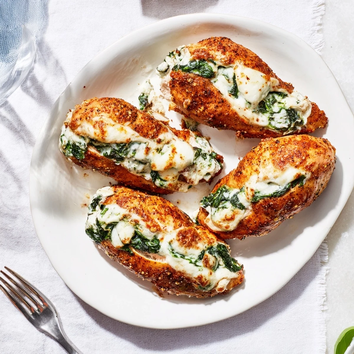 Golden baked ricotta chicken breasts stuffed with spinach and herbs on a white platter