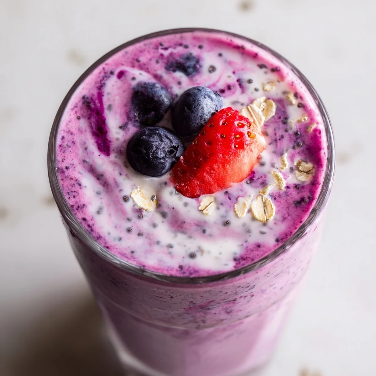 Creamy Greek yogurt breakfast smoothie blended with banana and mixed berries poured into two clear glasses
