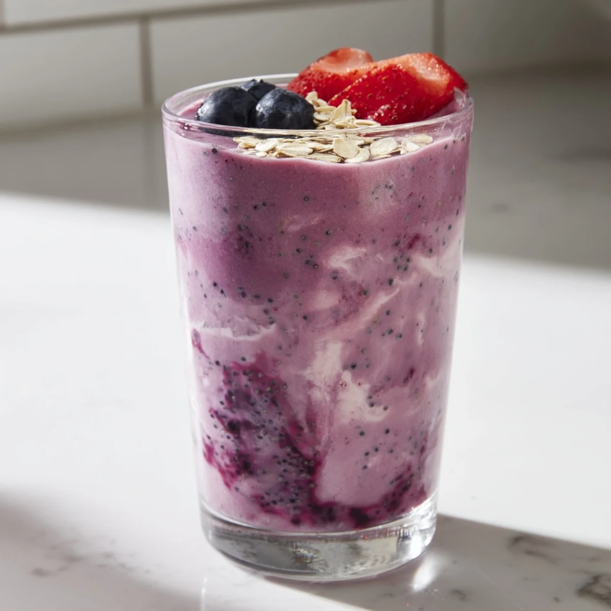 Vibrant purple Greek yogurt breakfast smoothie garnished with whole strawberries and blueberries on a wooden table