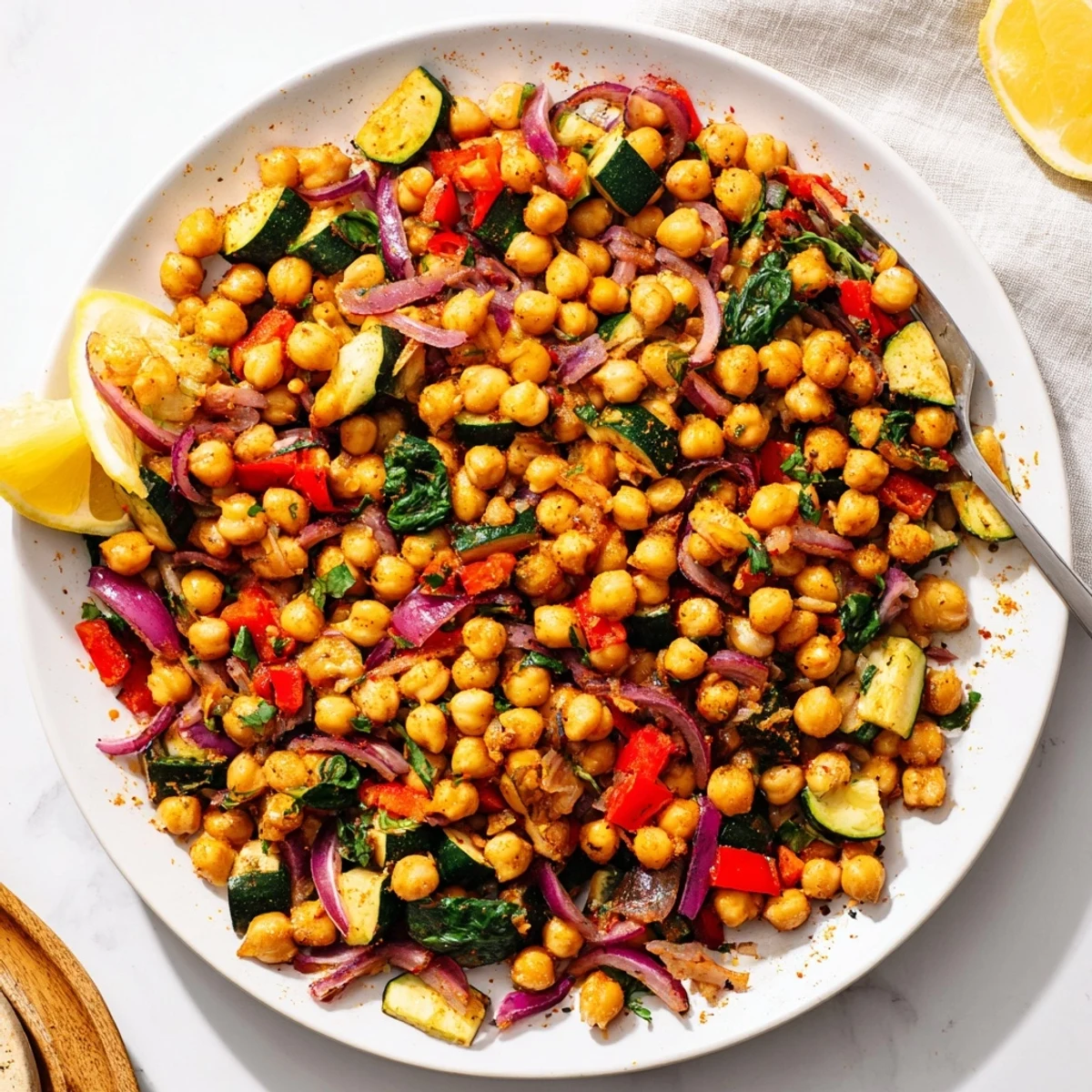 Golden chickpea lemon skillet with colorful vegetables in a cast iron pan