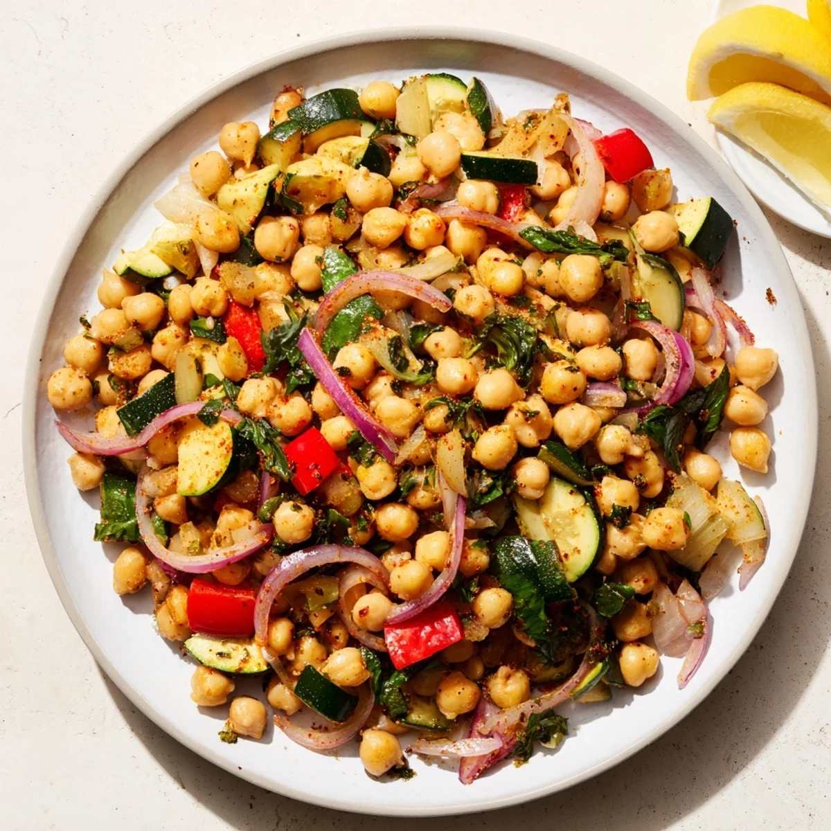 Vibrant Mediterranean chickpea lemon skillet with fresh spinach and red bell pepper