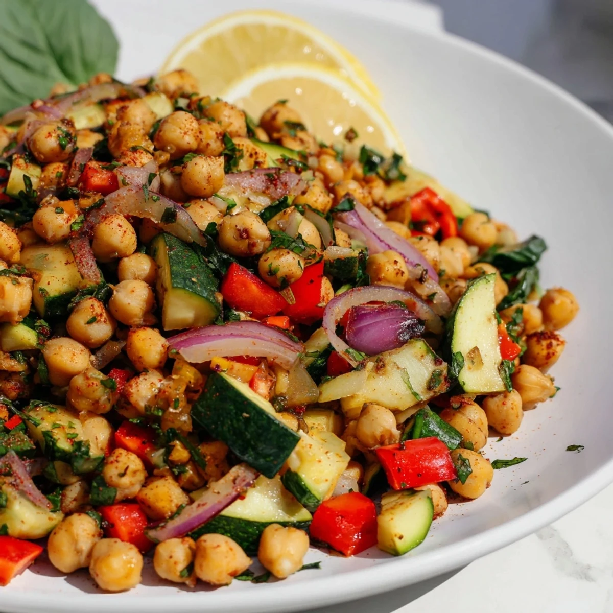 Protein-rich chickpea lemon skillet garnished with parsley and served with lemon wedges