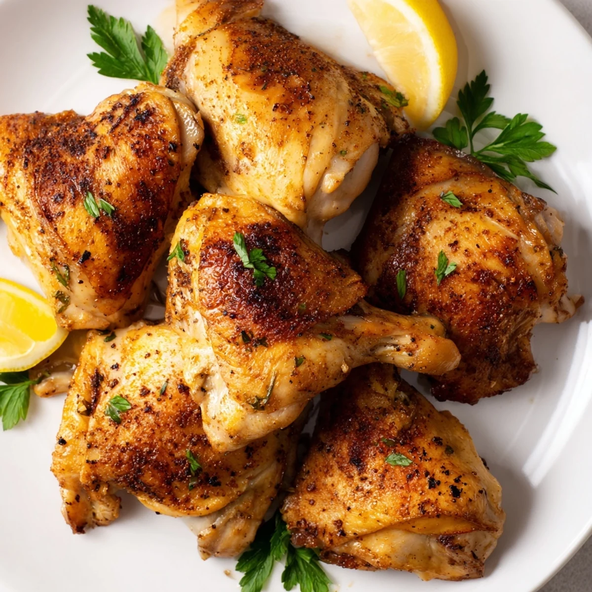 Golden brown buttermilk roasted chicken pieces with crispy skin and fresh parsley garnish