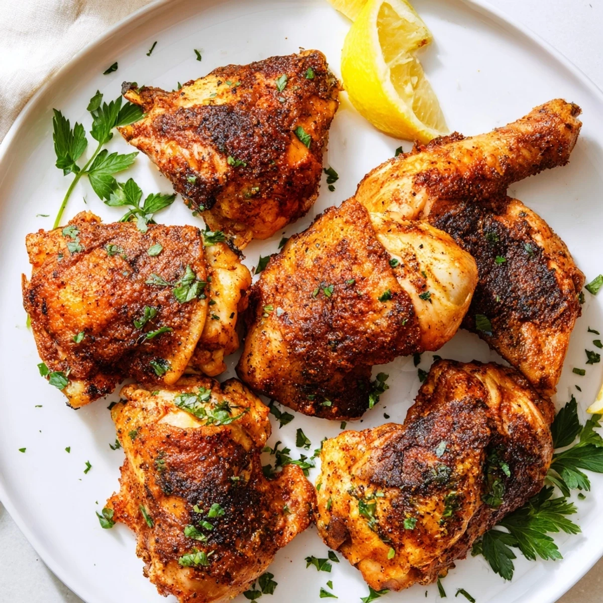 Whole roasted chicken pieces glazed with herbs and spices served with lemon wedges