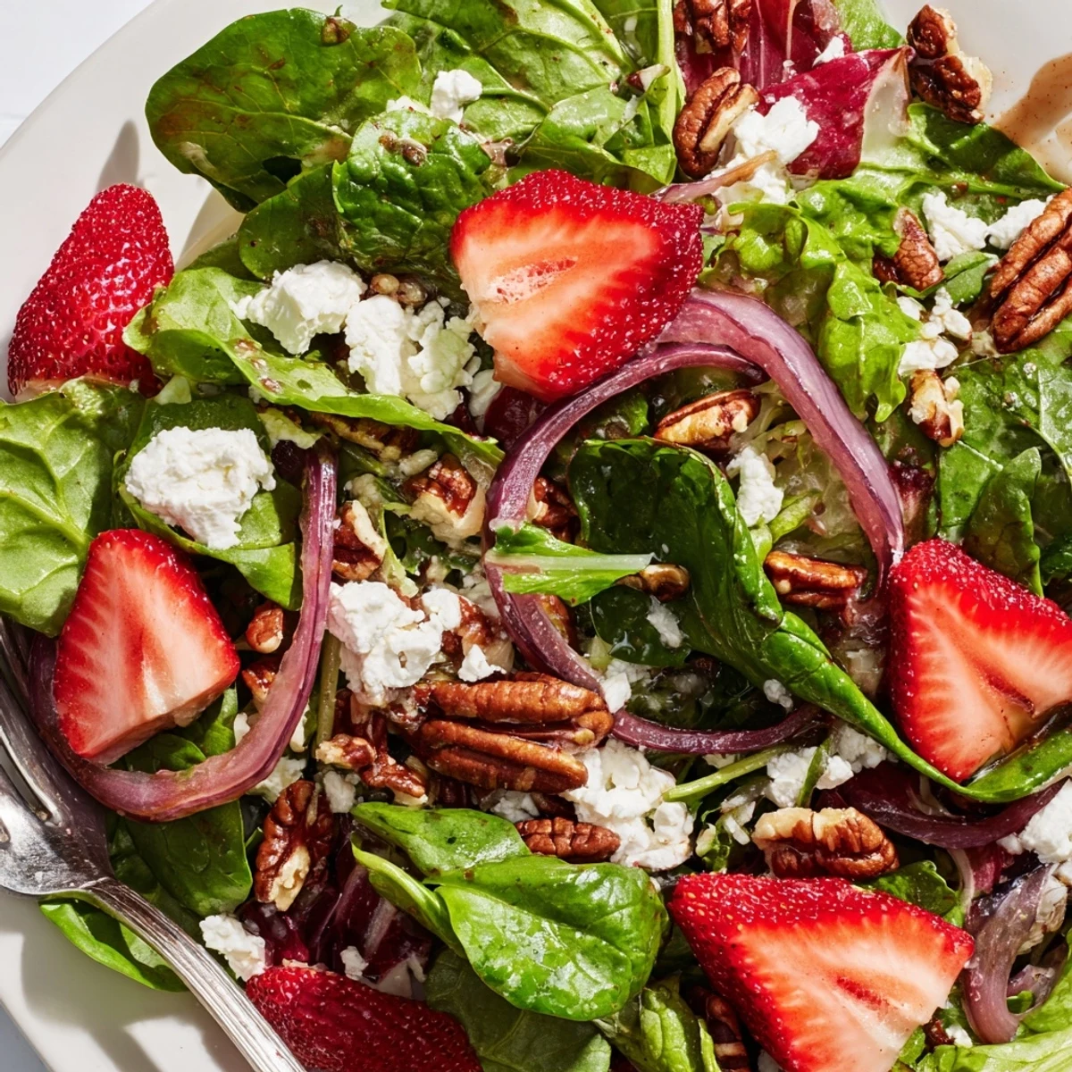 Fresh Strawberry Fields Salad arranged in a white bowl with juicy red strawberries, creamy goat cheese crumbles, and toasted pecans over mixed greens.