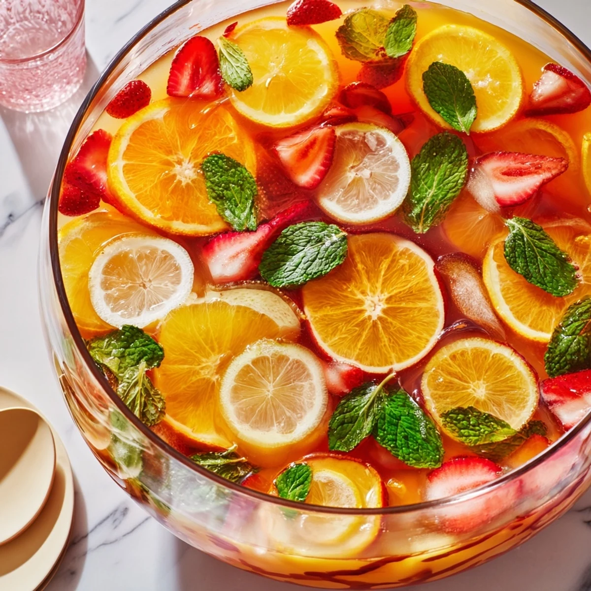 Colorful Easter Punch bowl filled with mixed fruit slices and fresh mint garnish