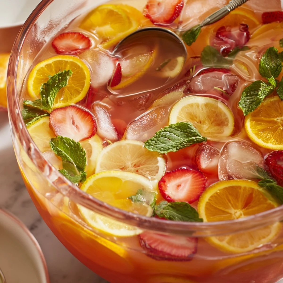 Festive glass of Easter Punch featuring layered fruit juices and floating lemon wheels