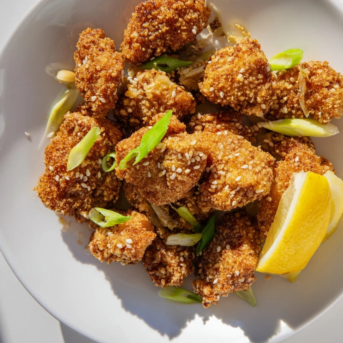 Golden brown crispy Hawaiian Mochiko chicken pieces arranged on a white serving platter