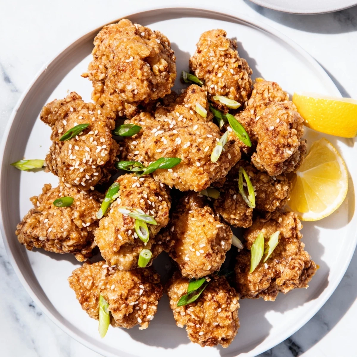Plate of deep-fried Hawaiian Mochiko chicken garnished with fresh green onions and sesame seeds