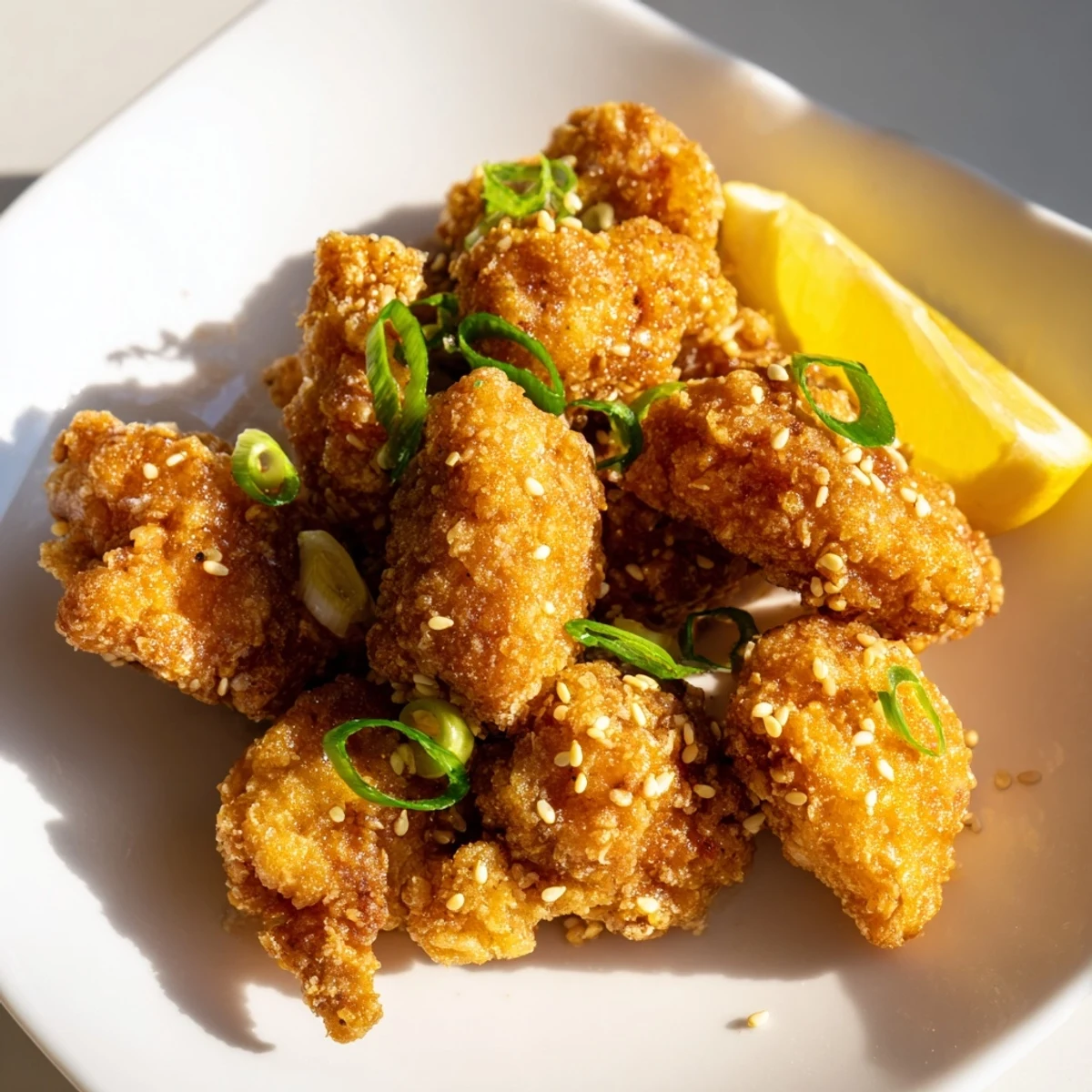 Crispy Hawaiian Mochiko chicken served with steamed rice and lemon wedges for dinner