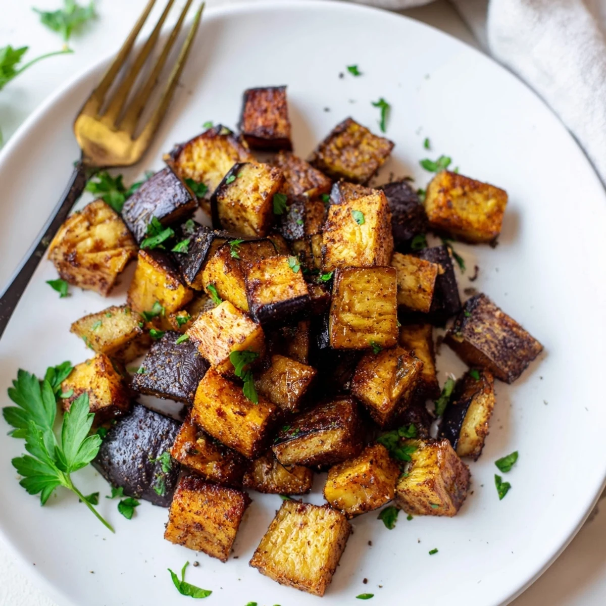 Golden brown low calorie air fryer eggplant cubes with crispy edges and tender centers