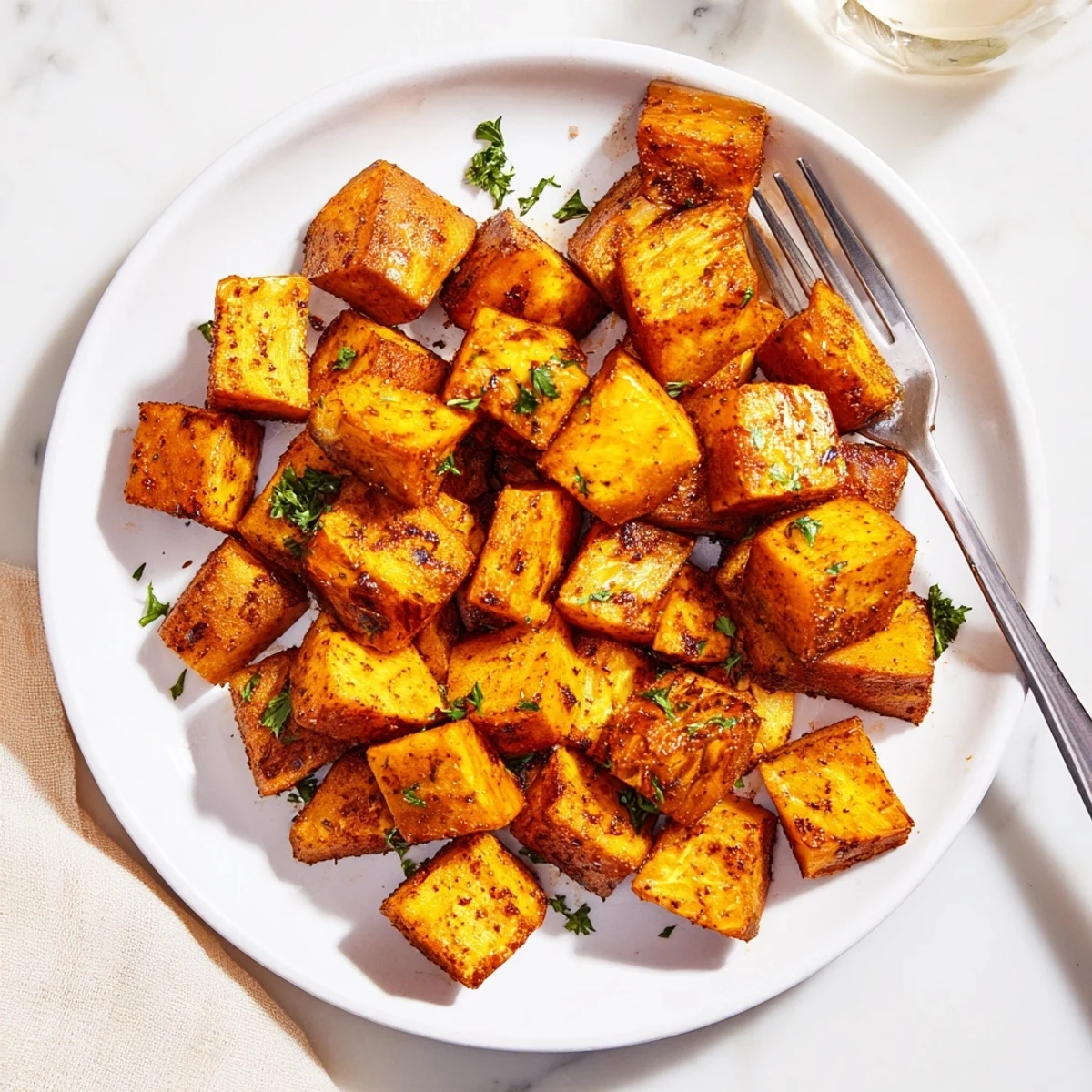 Mediterranean style air fryer eggplant seasoned with paprika and garlic, served with fresh parsley garnish