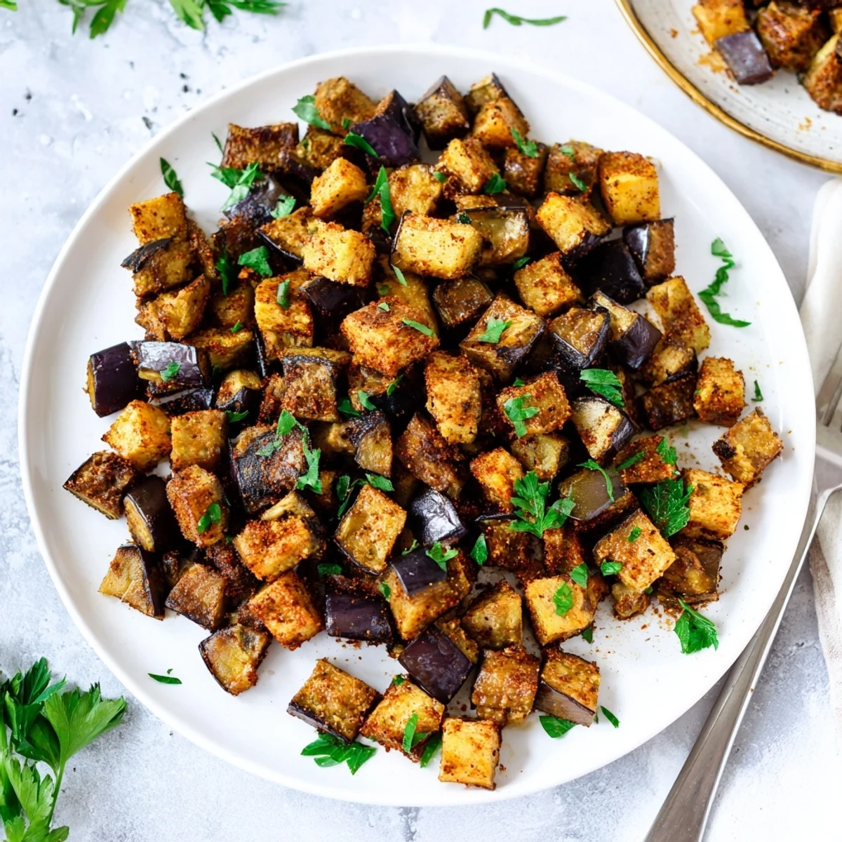 Crispy low calorie eggplant bites arranged on white plate after air frying to golden perfection