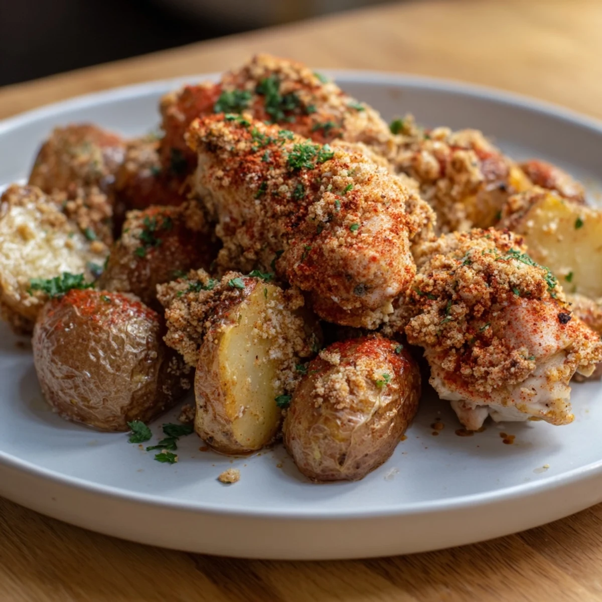 Golden brown chicken breasts nestled beside crispy Parmesan-coated potatoes fresh from the oven