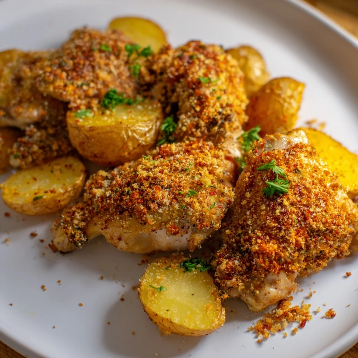 Baked garlic Parmesan chicken and potatoes arranged on a rustic serving platter with parsley garnish