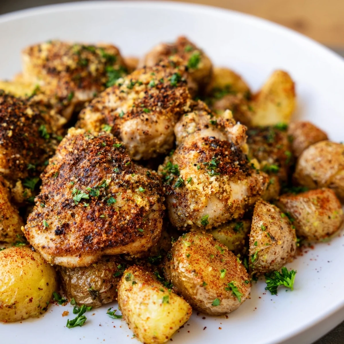 Tender roasted chicken pieces and baby potatoes scattered with melted garlic Parmesan cheese topping