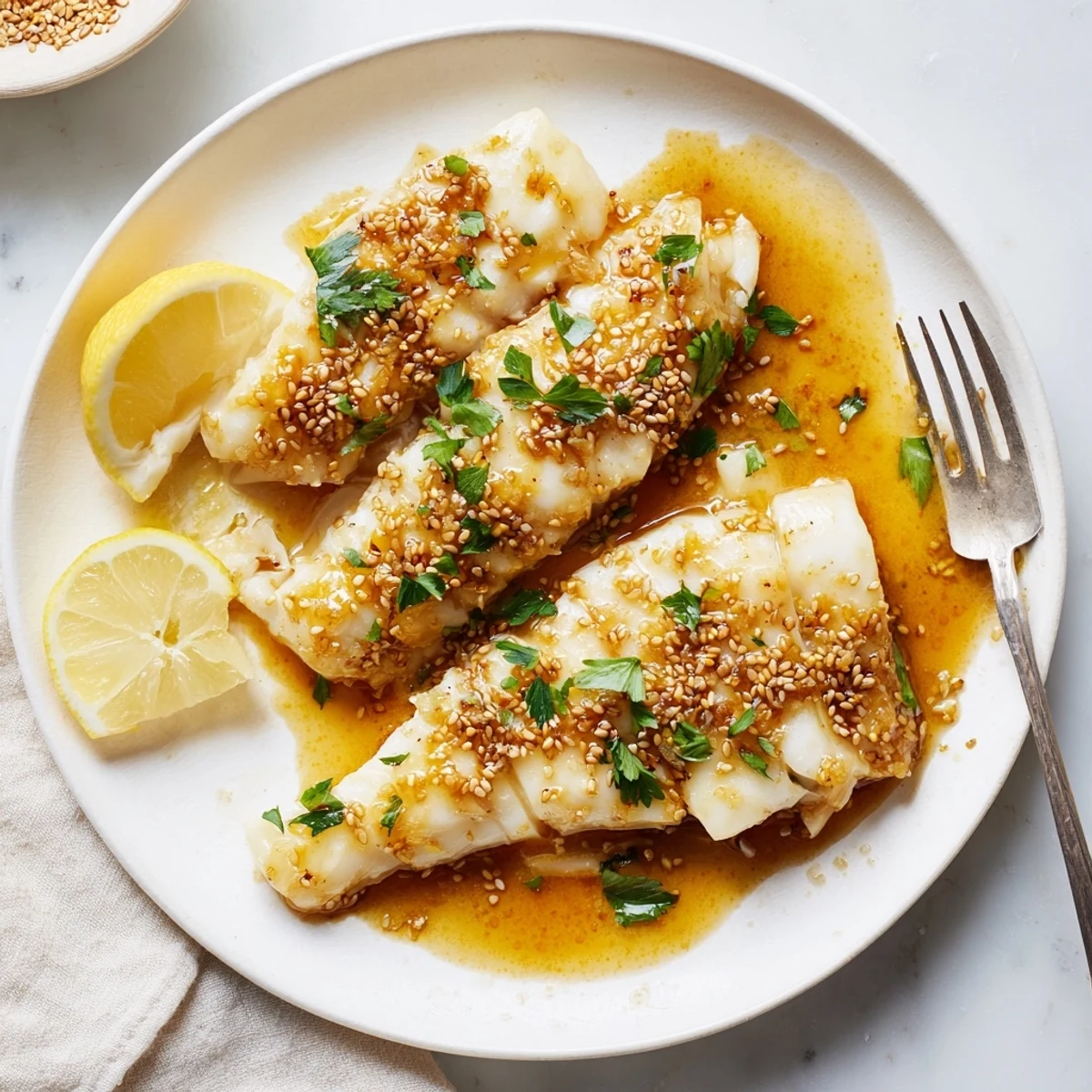 Golden baked cod fillets glazed with honey soy marinade flake apart on a white serving plate