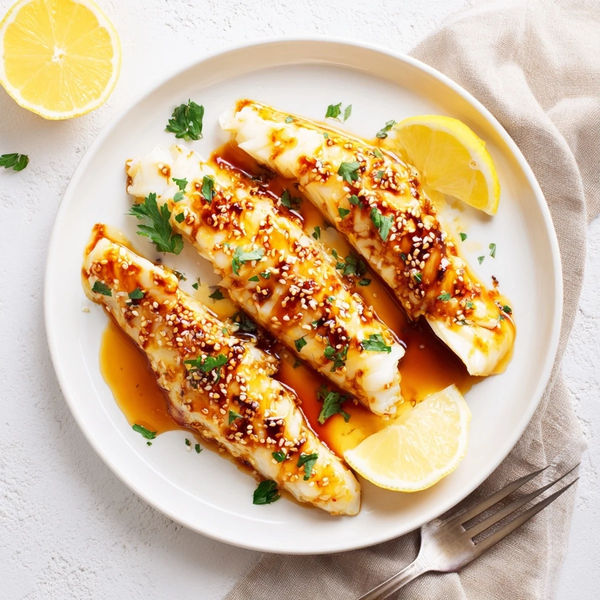 Freshly baked cod with honey soy glaze garnished with sesame seeds and chopped green parsley