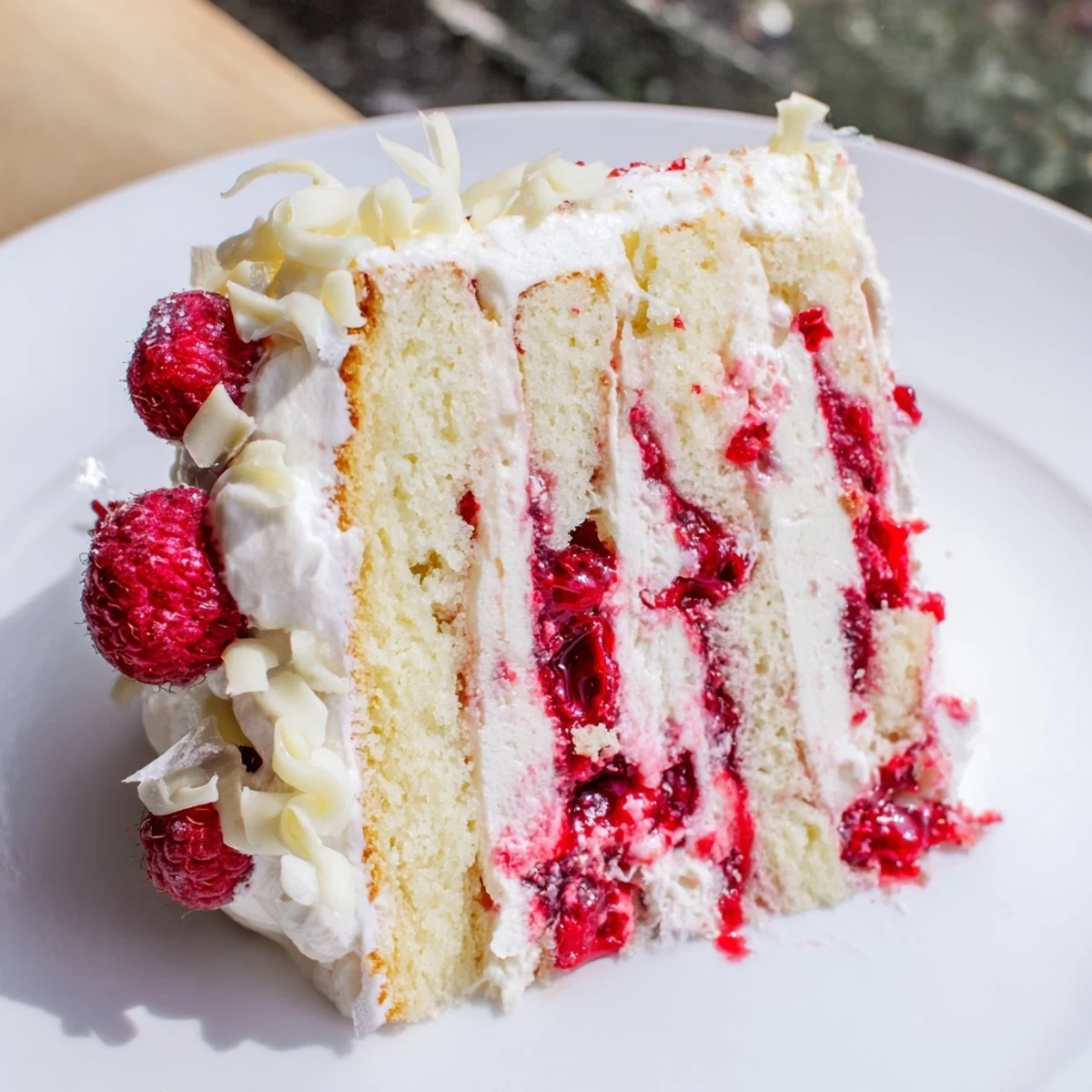 White Chocolate Raspberry Cream Cake slice revealing ruby red raspberry compote layers between fluffy vanilla sponge