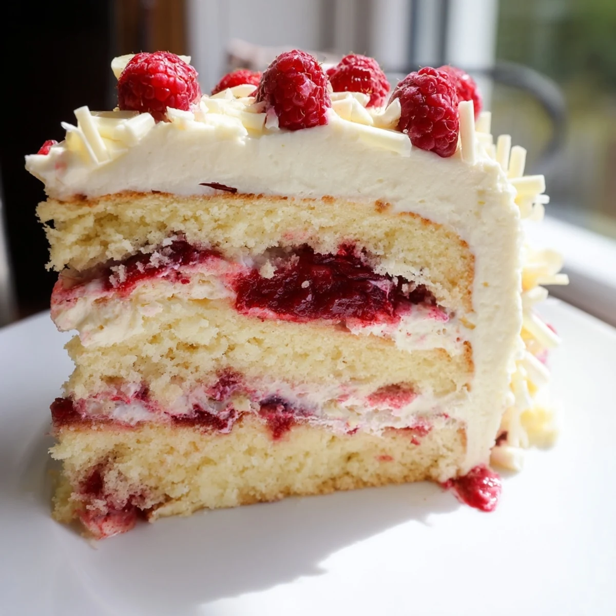 Generous slice of White Chocolate Raspberry Cream Cake showcasing white chocolate filling and bright raspberry swirls