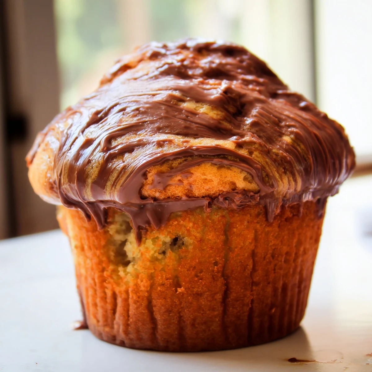 Freshly baked golden Nutella banana muffins with chocolate hazelnut swirls cooling on a wire rack