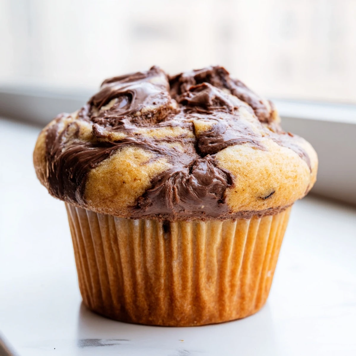 Moist banana muffins topped with melted Nutella spirals ready for breakfast or afternoon snacking