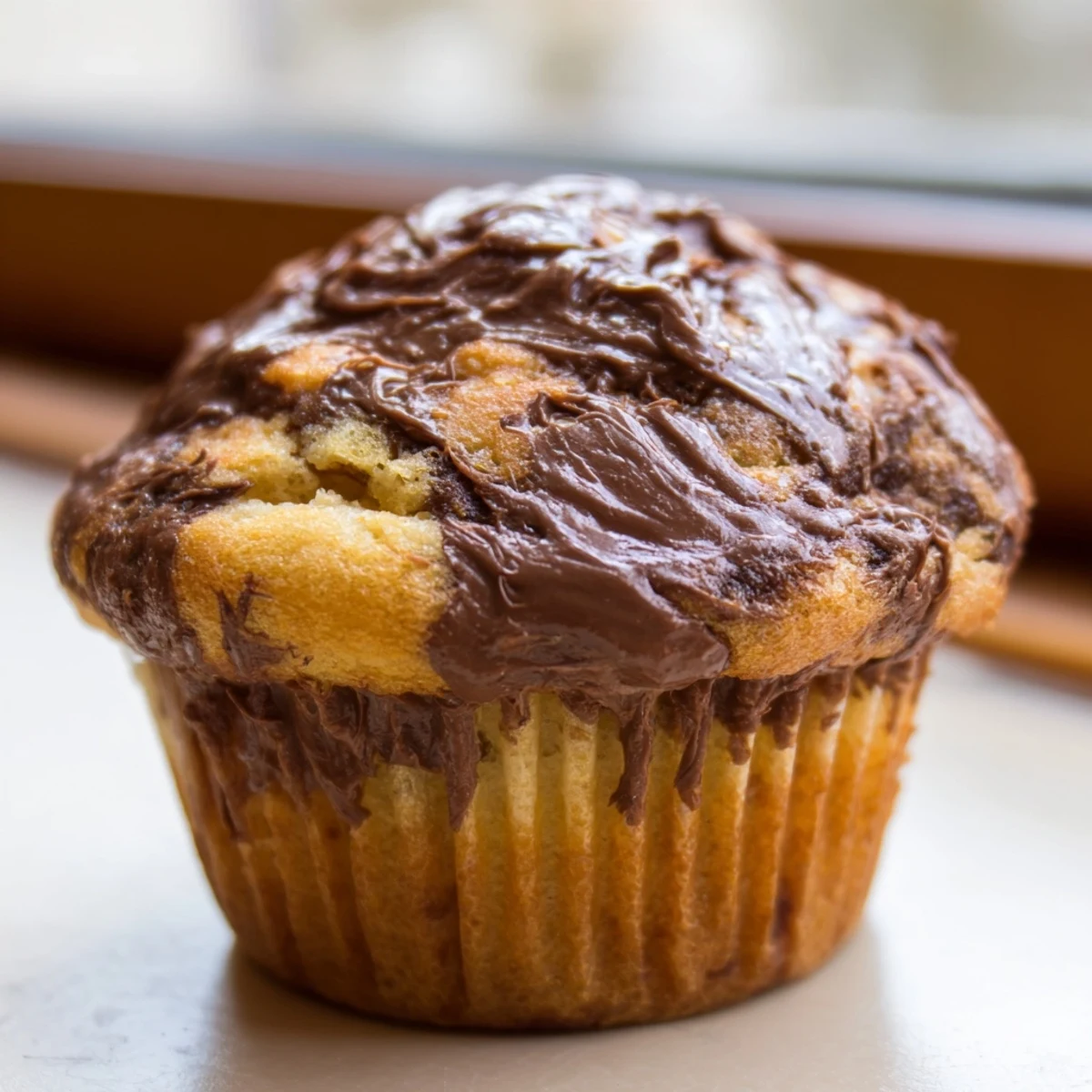 Fluffy homemade muffins featuring ripe bananas swirled with creamy chocolate hazelnut spread