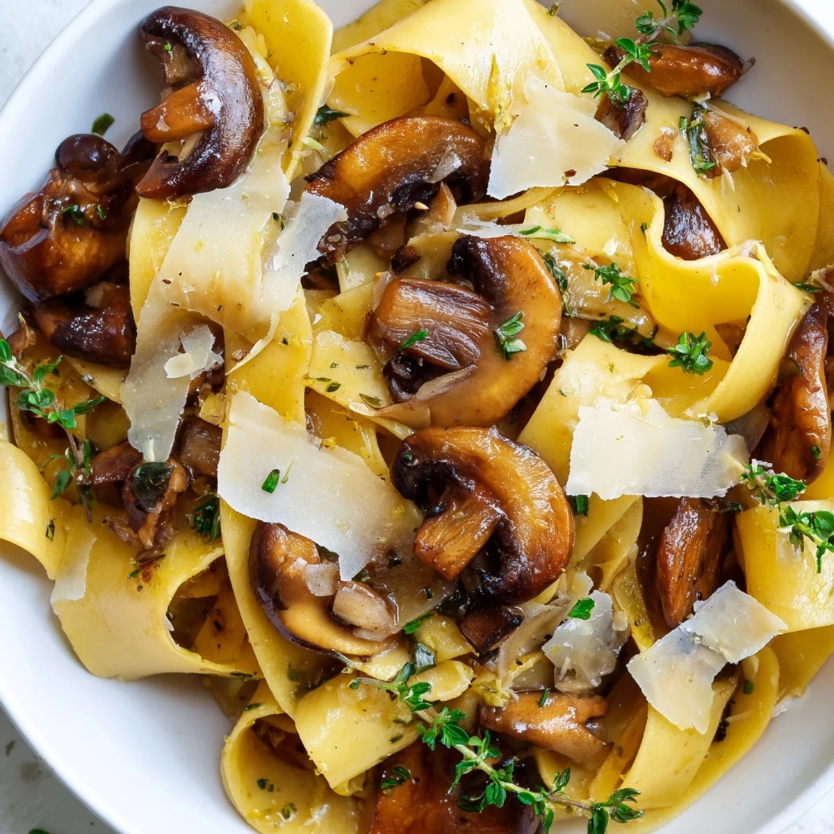 Golden garlic butter mushroom pappardelle tossed with fresh herbs and grated Parmesan in a white bowl