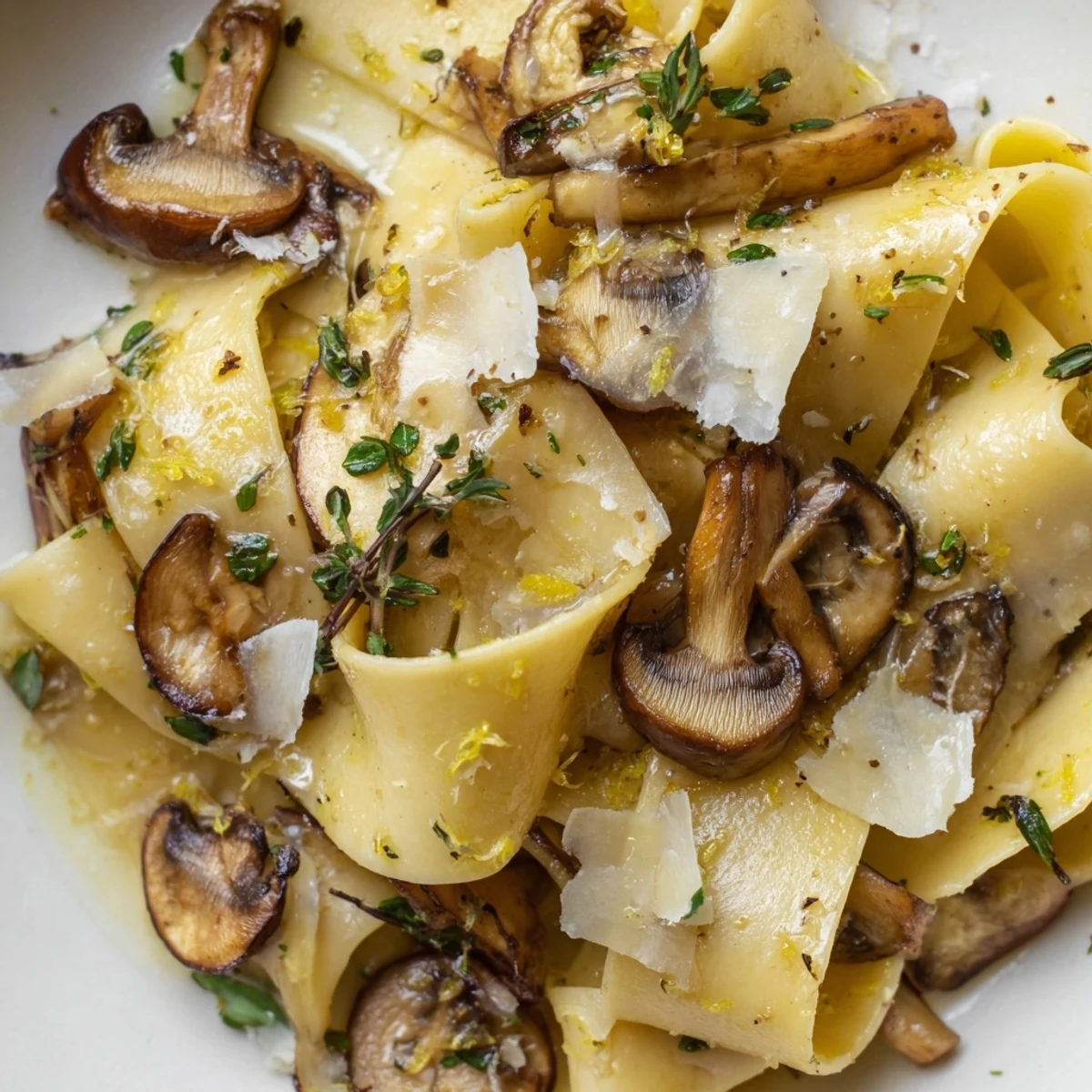 Savory Italian pasta dish featuring sautéed mushrooms in garlic butter sauce topped with grated Parmesan cheese