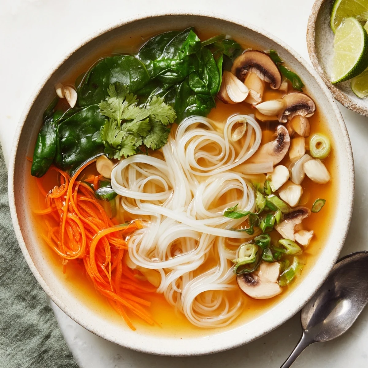 Steaming bowl of healing ginger garlic broth with rice noodles, fresh herbs, and lime wedges