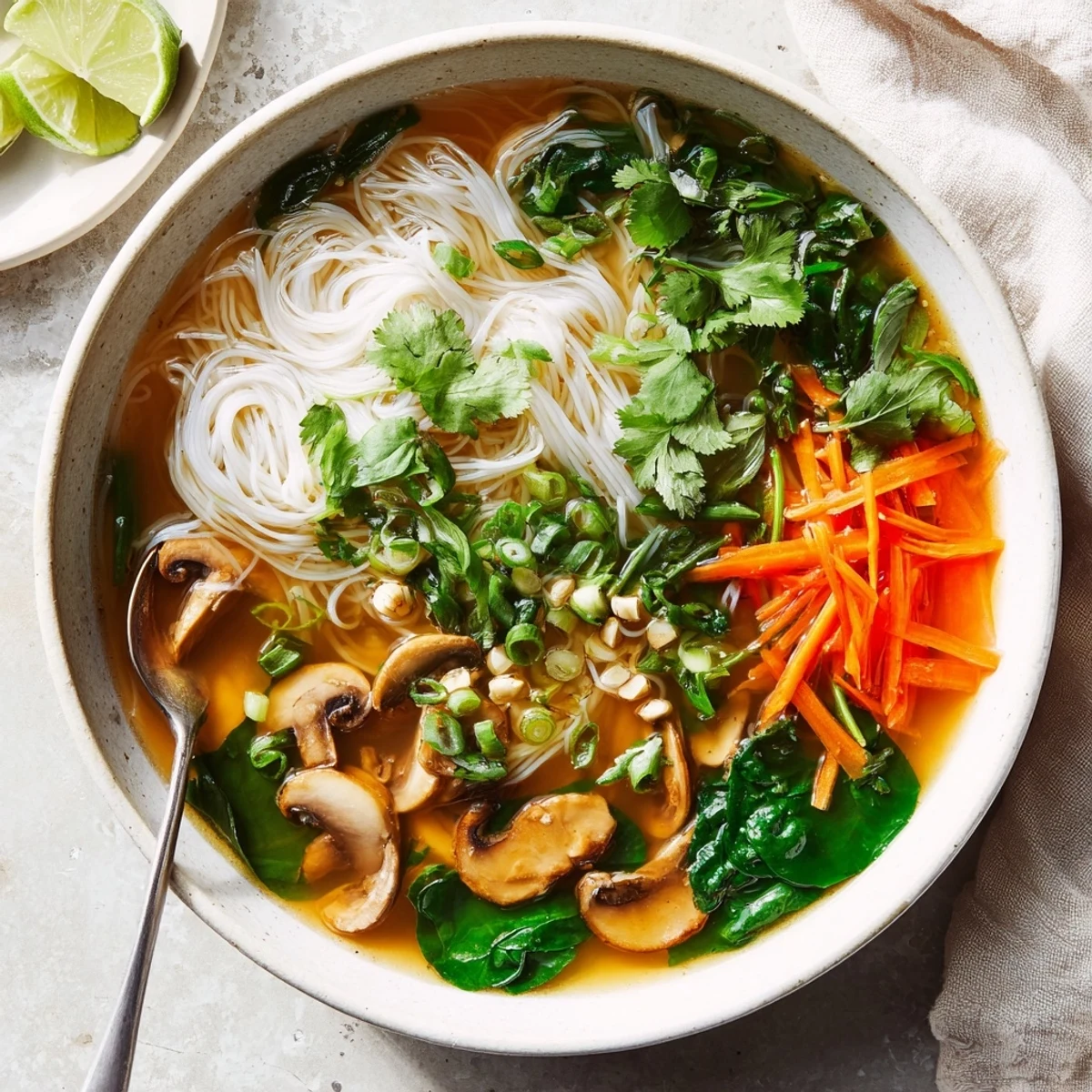 Golden aromatic healing ginger garlic broth served over rice noodles with shiitake mushrooms and basil