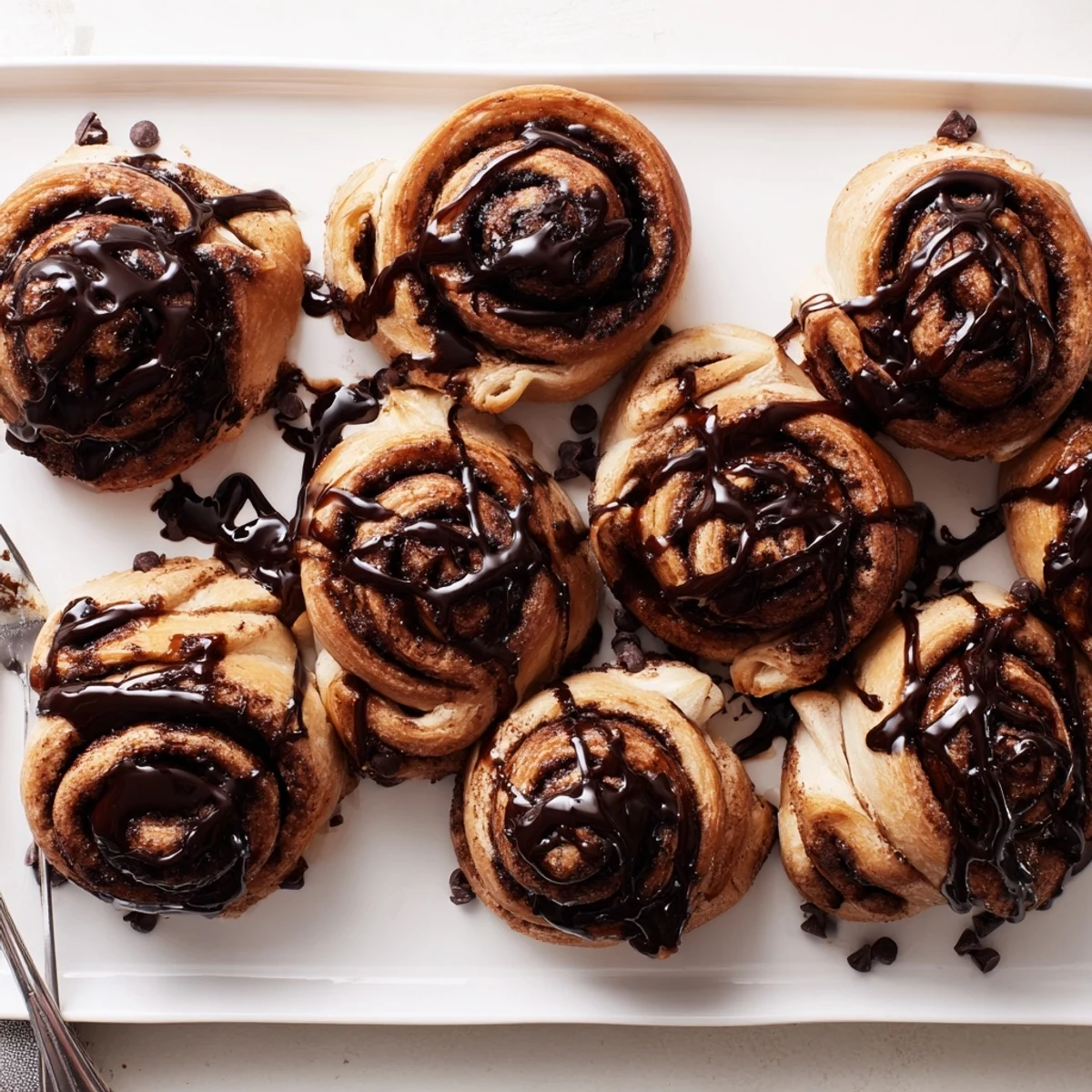 Freshly baked double chocolate cinnamon rolls with glossy chocolate glaze drizzling down the spiraled sides