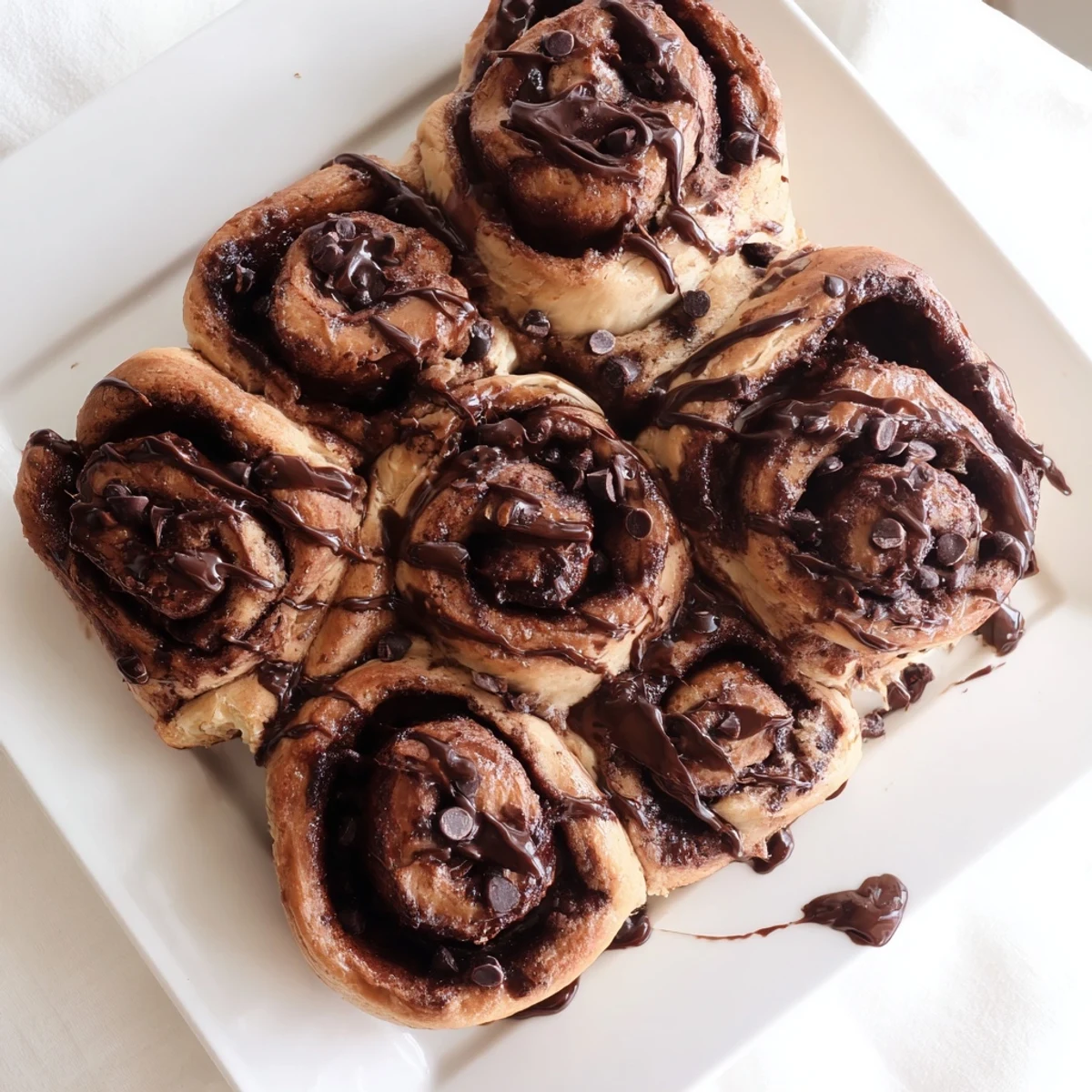 Pan of golden double chocolate cinnamon rolls topped with decadent chocolate icing ready for breakfast