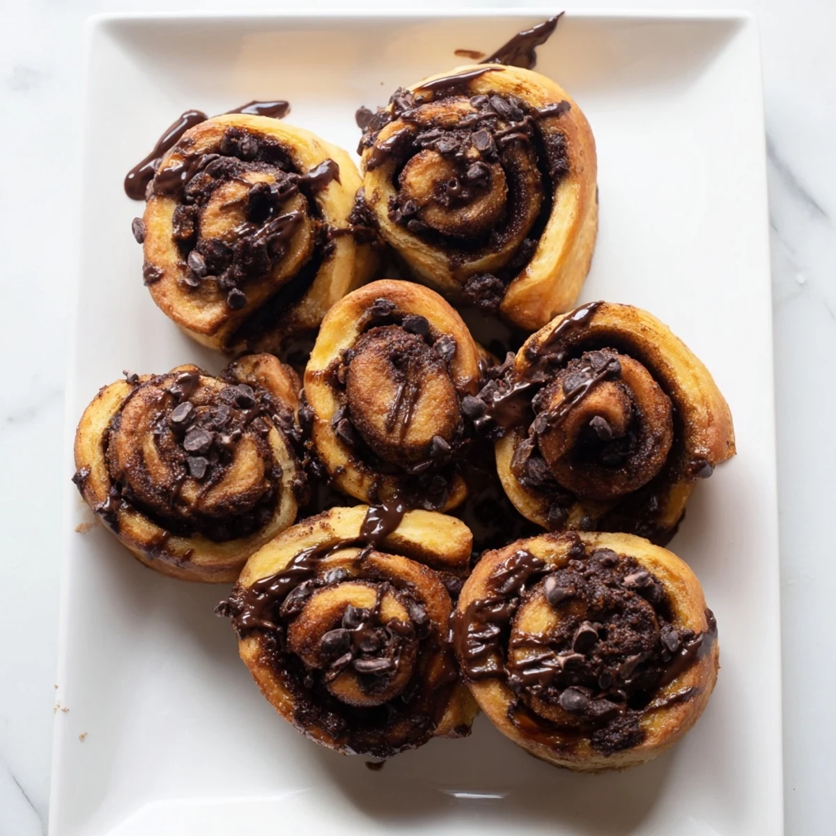 Warm double chocolate cinnamon rolls pulled apart revealing rich chocolate cinnamon swirls and melted chips