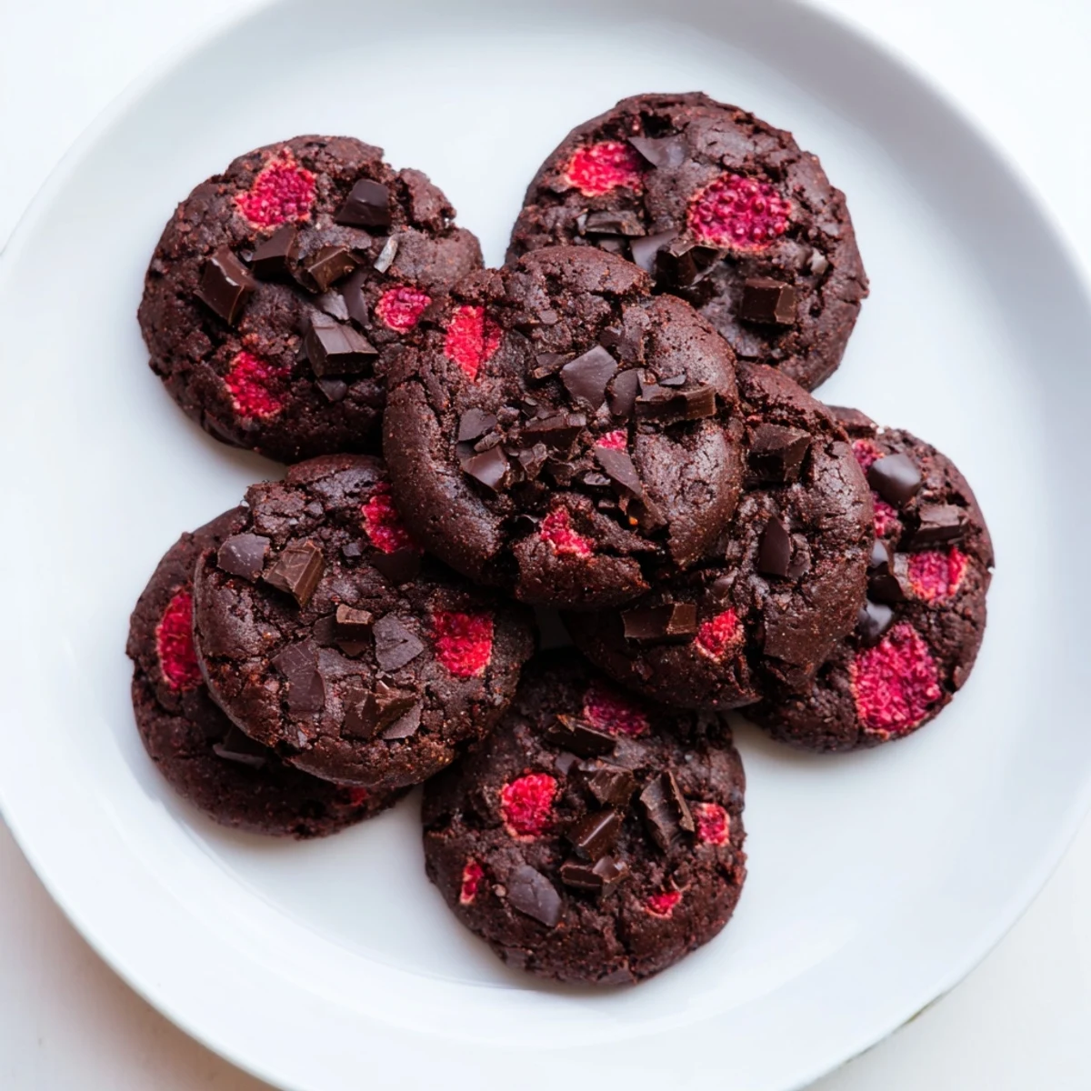 Chewy dark chocolate raspberry cookies fresh from the oven with melted chocolate chunks
