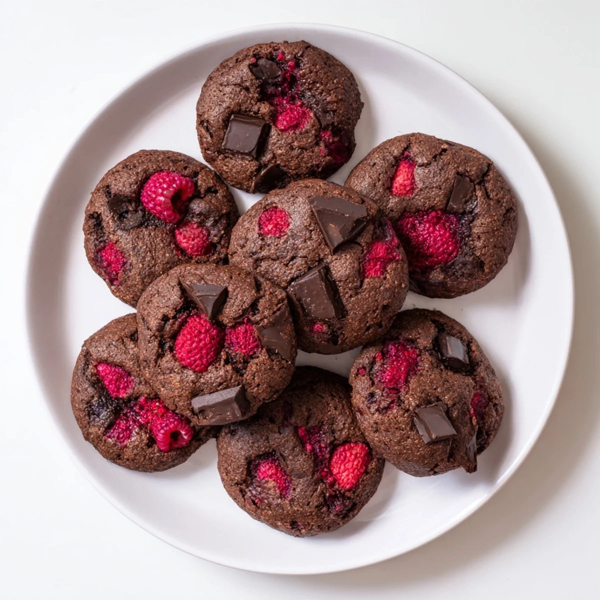 Plate of fudgy dark chocolate raspberry cookies topped with juicy red berry pieces