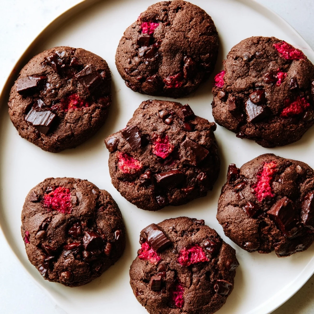 Homemade dark chocolate raspberry cookies showing rich cocoa dough and scattered chocolate chips