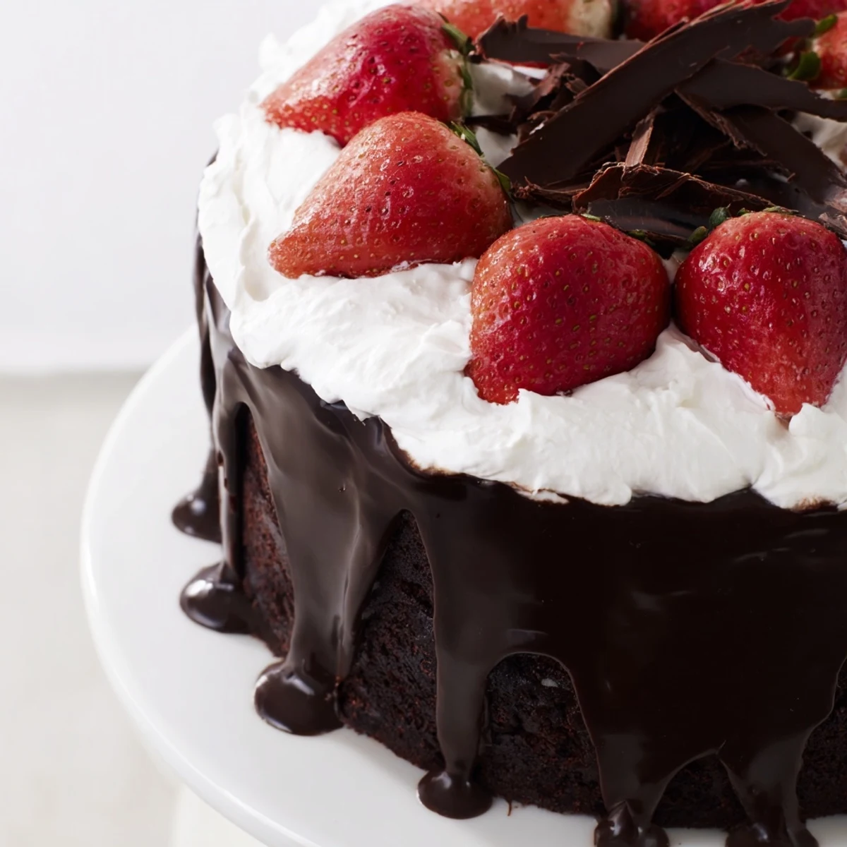Elegant round strawberry chocolate shell cake topped with fresh halved strawberries on a serving plate