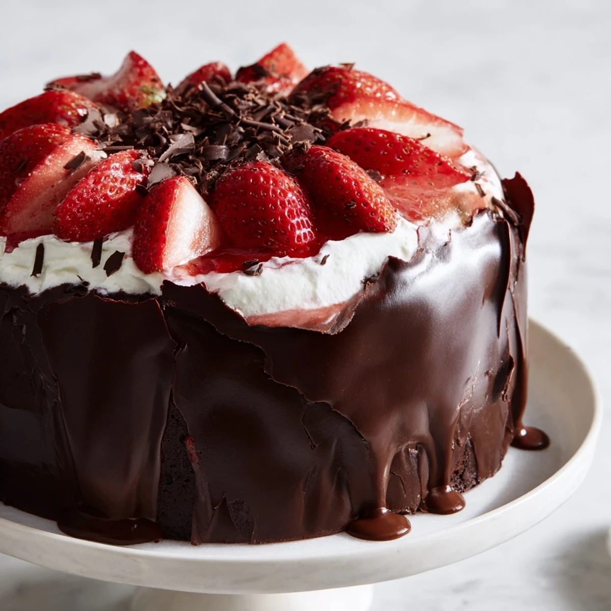 Slice of strawberry chocolate shell cake revealing fluffy vanilla sponge and sweet red berry filling