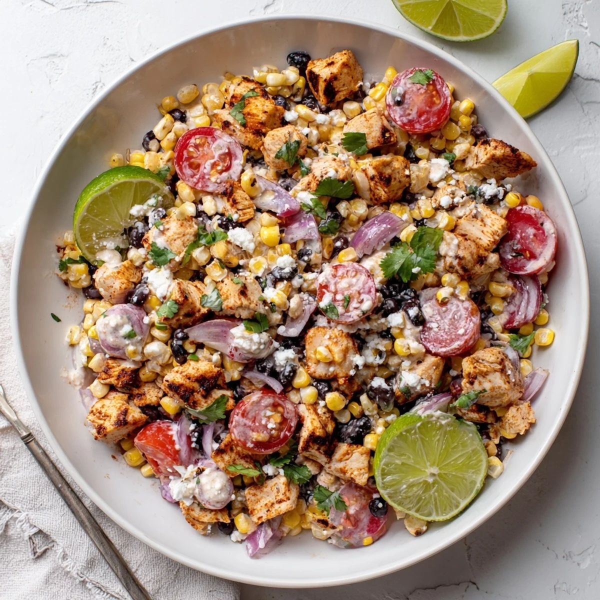 Colorful bowl of high protein chicken street corn salad topped with crumbled cheese and fresh cilantro