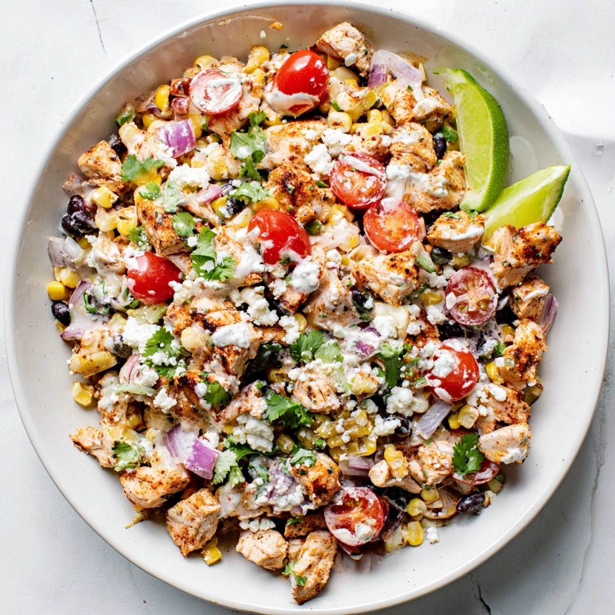 Grilled chicken pieces tossed with sweet corn and black beans in creamy Greek yogurt dressing