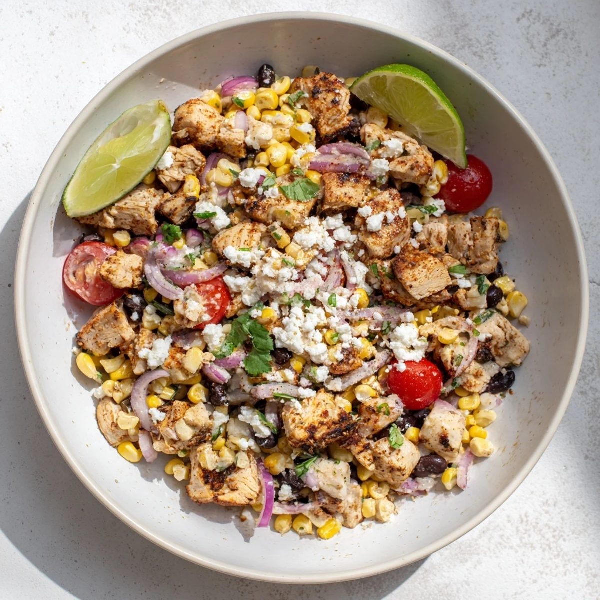 Fresh Mexican-inspired salad featuring seasoned chicken breast, charred corn, and tangy lime dressing in a white bowl