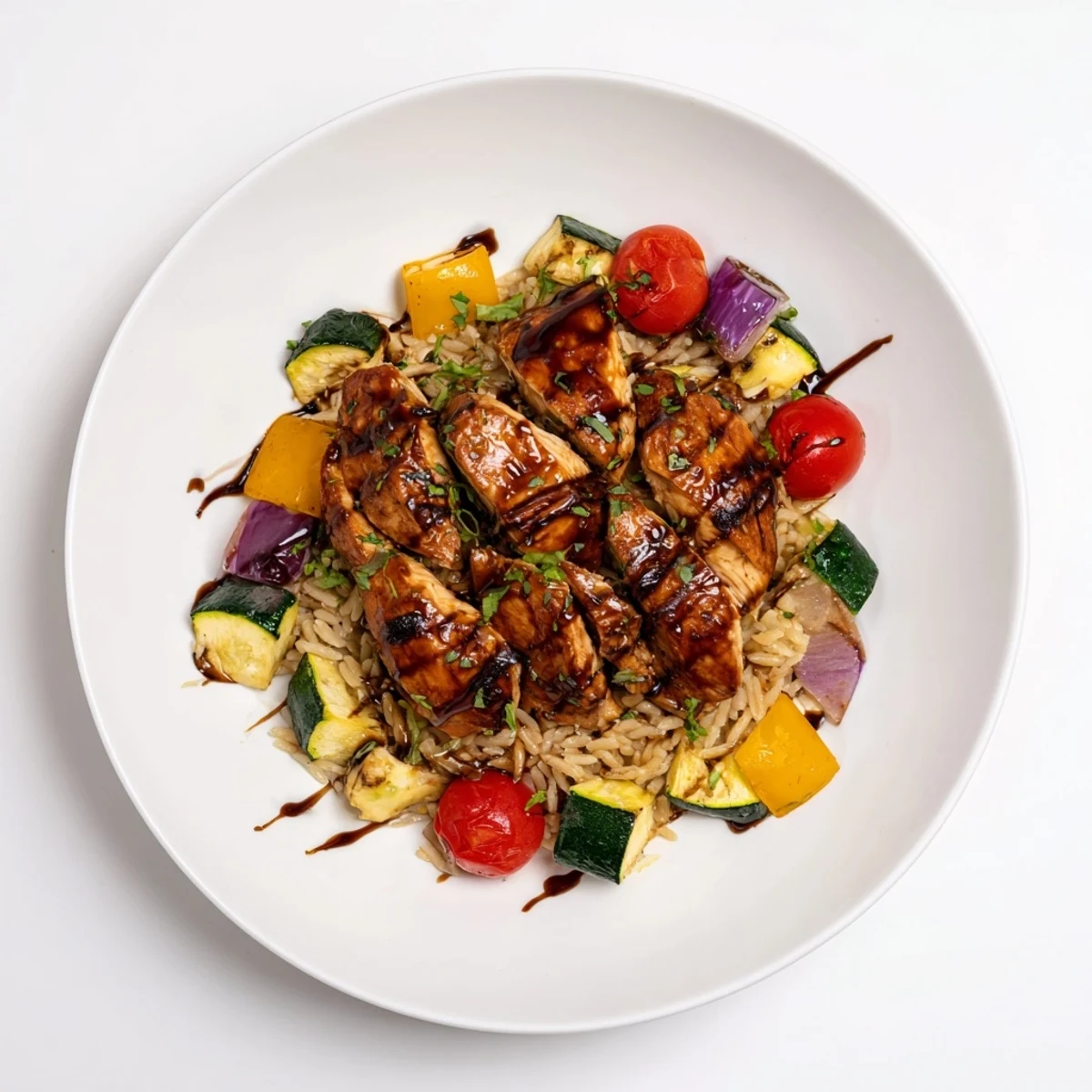 Golden balsamic chicken breast resting atop colorful roasted vegetables and fluffy orzo pasta