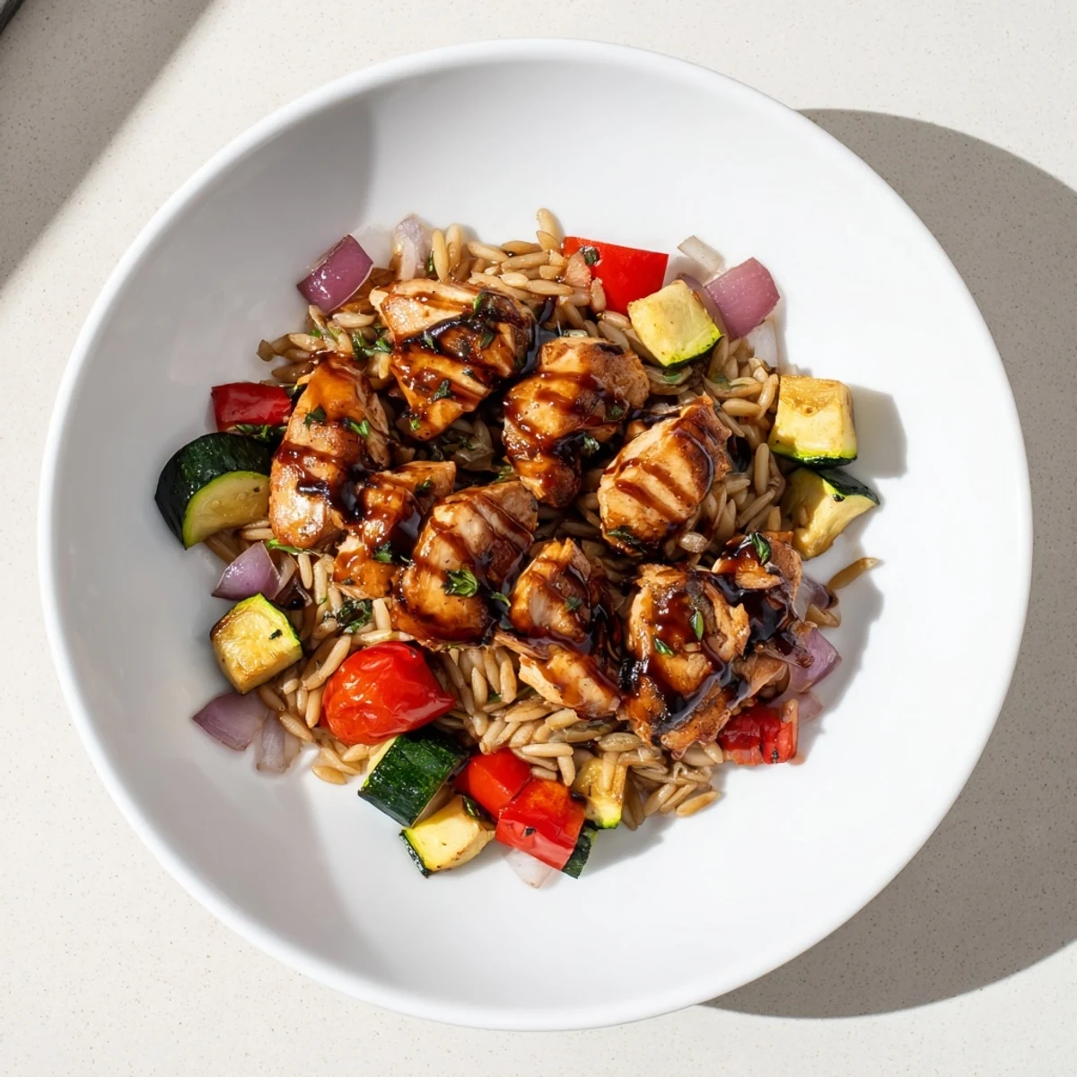 Tender glazed chicken paired with zucchini peppers and herbs over a bed of orzo