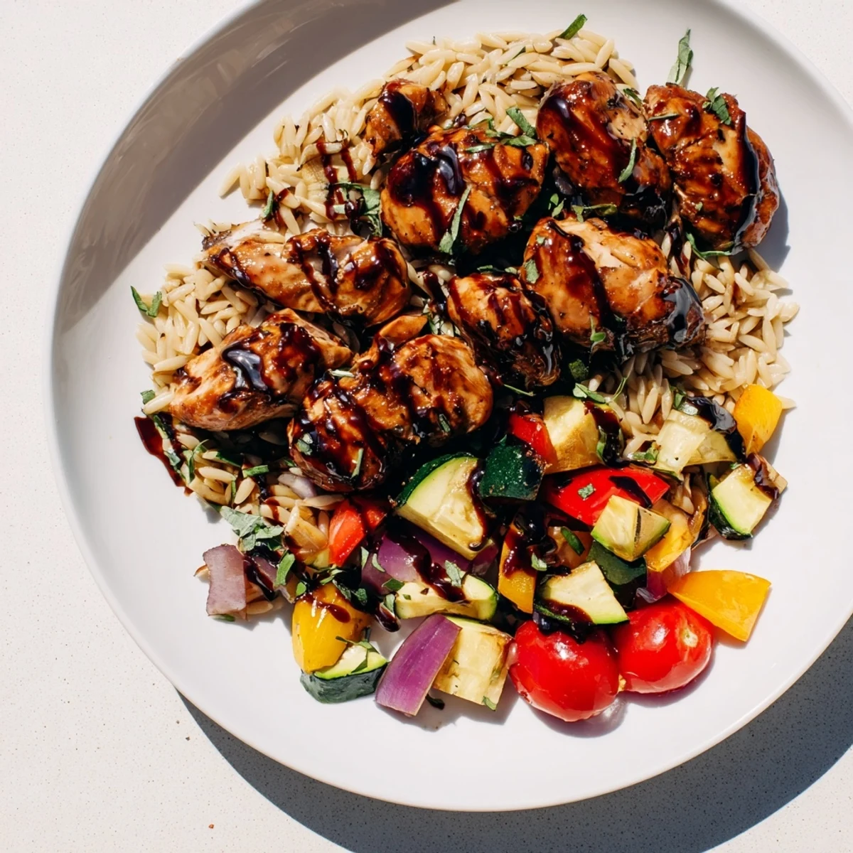 Mediterranean-style balsamic chicken served with roasted bell peppers cherry tomatoes and lemon orzo