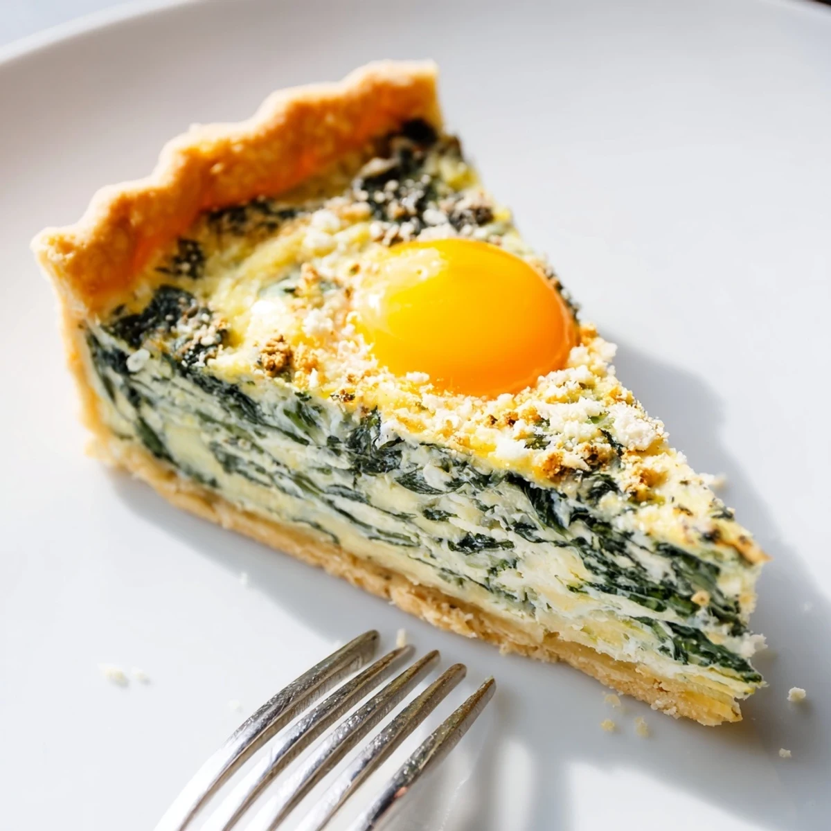 Golden baked Easter tart with flaky pastry crust, creamy ricotta spinach filling and whole eggs nestled in center